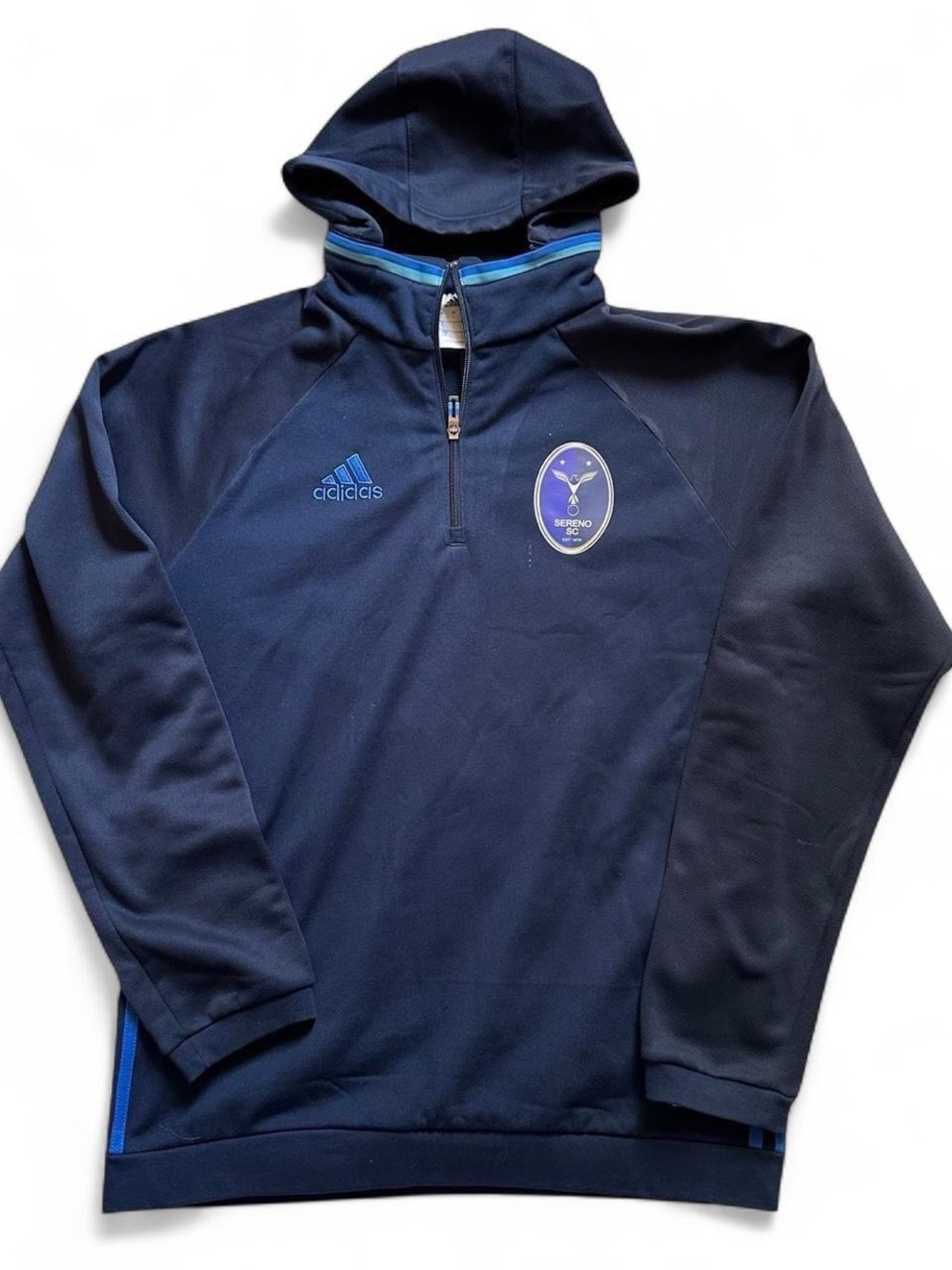 adidas soccer Men’s Navy Hooded Half-Zip Pullover with Light Blue Trim L